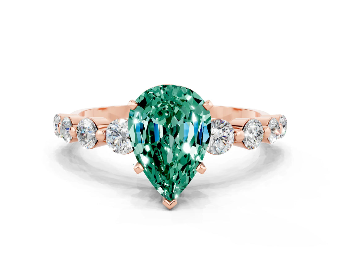 Rose gold Pear Cut Solitaire Green Sapphire Ring with Pave Band and Four-Prong Setting