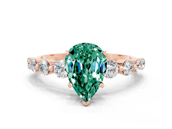 Rose gold Pear Cut Solitaire Green Sapphire Ring with Pave Band and Four-Prong Setting