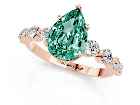 Rose gold Pear Cut Solitaire Green Sapphire Ring with Pave Band and Four-Prong Setting_1