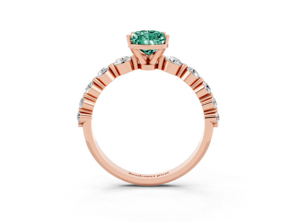 Rose gold Pear Cut Solitaire Green Sapphire Ring with Pave Band and Four-Prong Setting