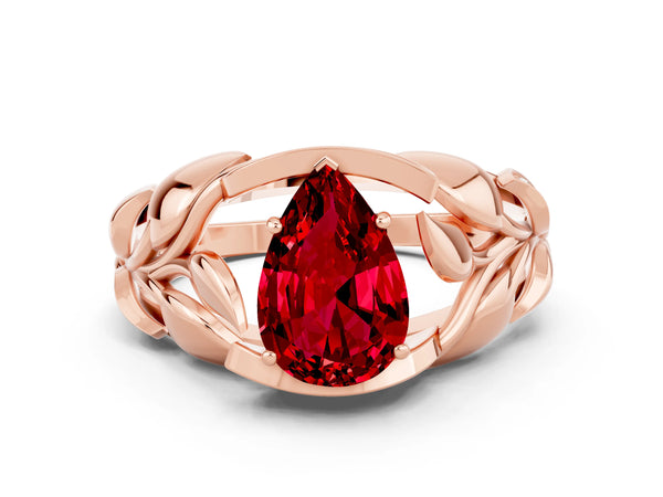 Rose gold Pear Cut Ruby Leaf-Inspired Engagement Ring with Round Accents and Prong Setting