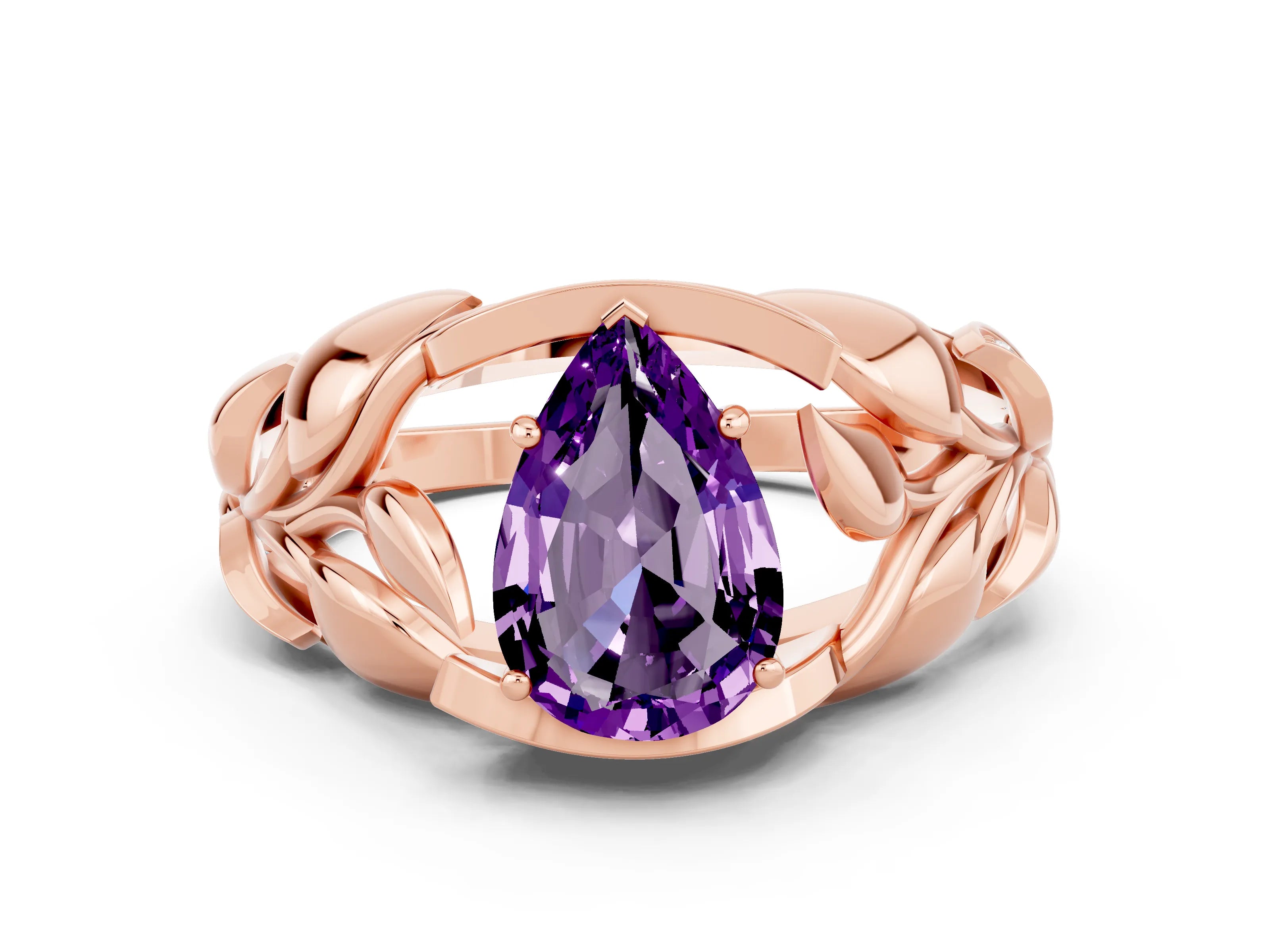 Rose gold Pear Cut Solitaire Leaf-Inspired Engagement Ring with Prong Setting