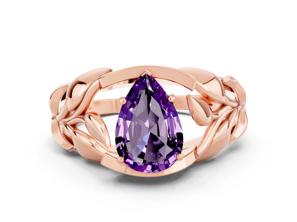 Rose gold Pear Cut Amethyst Leaf-Inspired Engagement Ring with Round Accents and Prong Setting