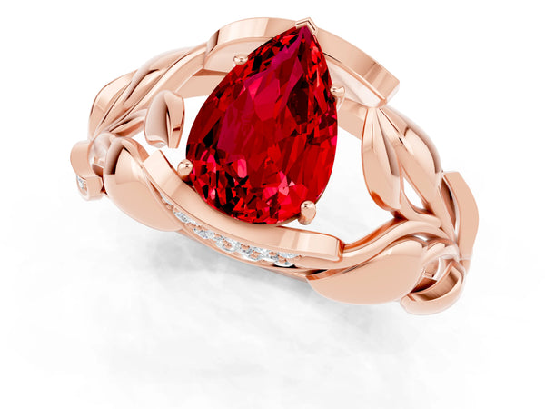 Rose gold Pear Cut Ruby Leaf-Inspired Engagement Ring with Round Accents and Prong Setting