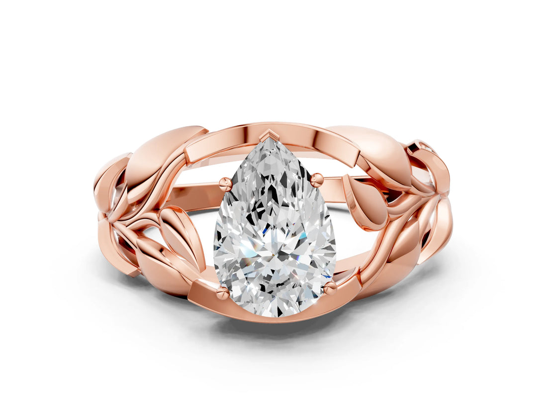 Rose gold Pear Cut Solitaire Leaf-Inspired Engagement Ring with Prong Setting_19