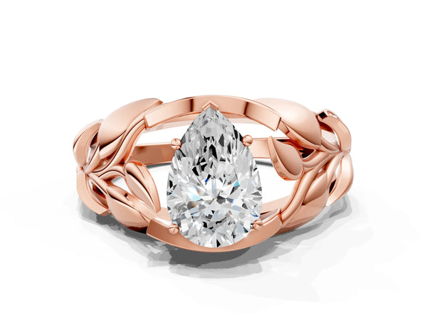 Rose gold Pear Cut Solitaire Leaf-Inspired Engagement Ring with Prong Setting
