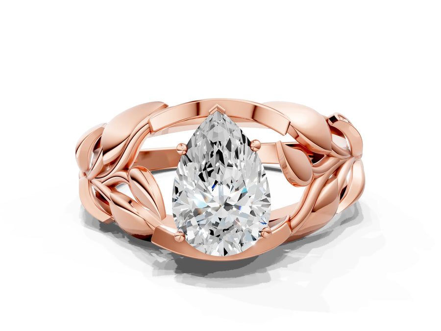 Rose gold Pear Cut Solitaire Leaf-Inspired Engagement Ring with Prong Setting