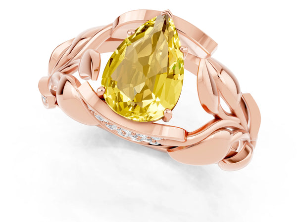 Rose gold Pear Cut Yellow Sapphire Leaf-Inspired Engagement Ring with Round Accents and Prong Setting