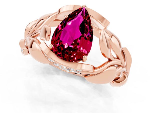 Rose gold Pear Cut Garnet Leaf-Inspired Engagement Ring with Round Accents and Prong Setting