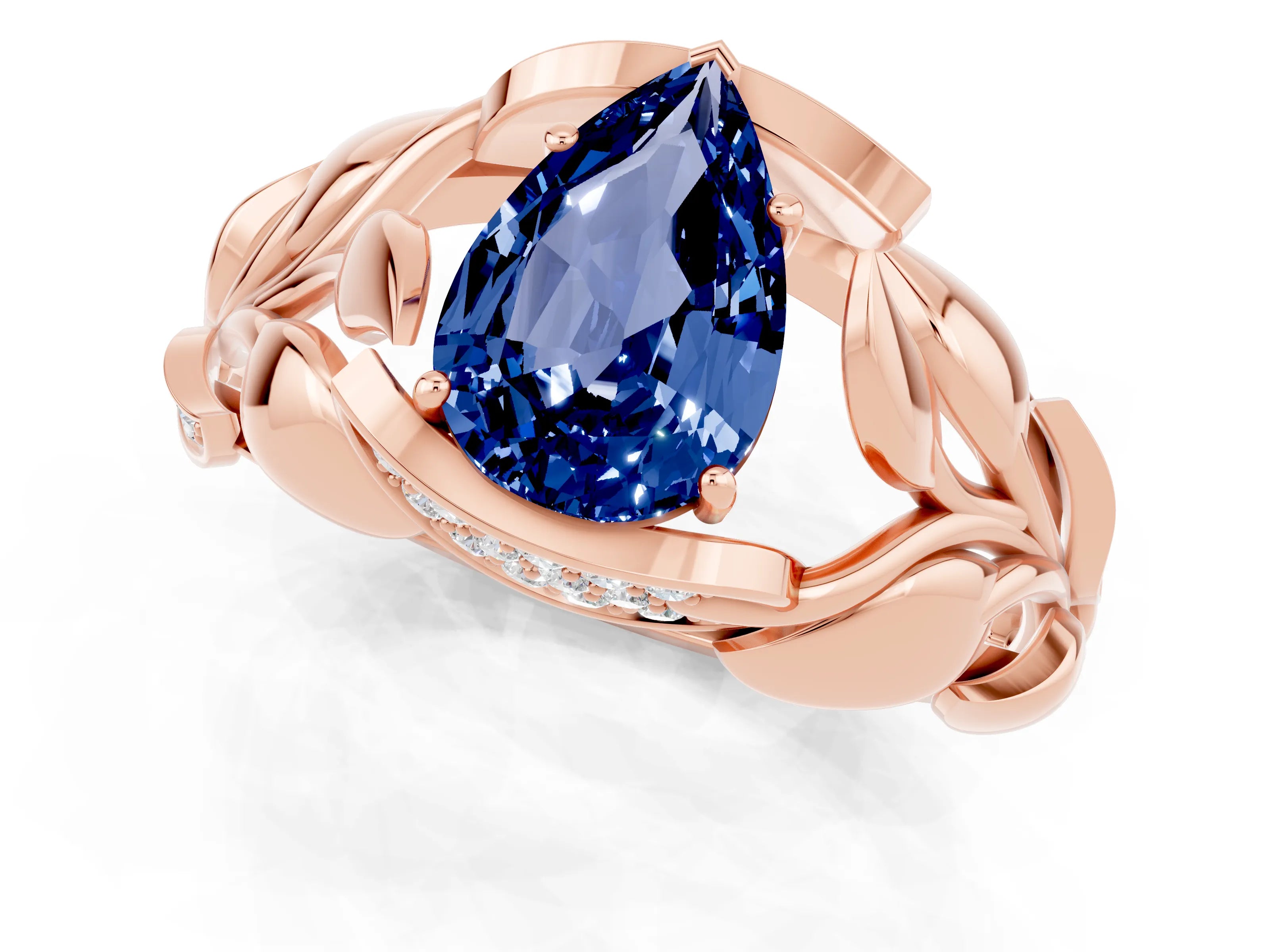 Rose gold Pear Cut Solitaire Leaf-Inspired Engagement Ring with Prong Setting_1