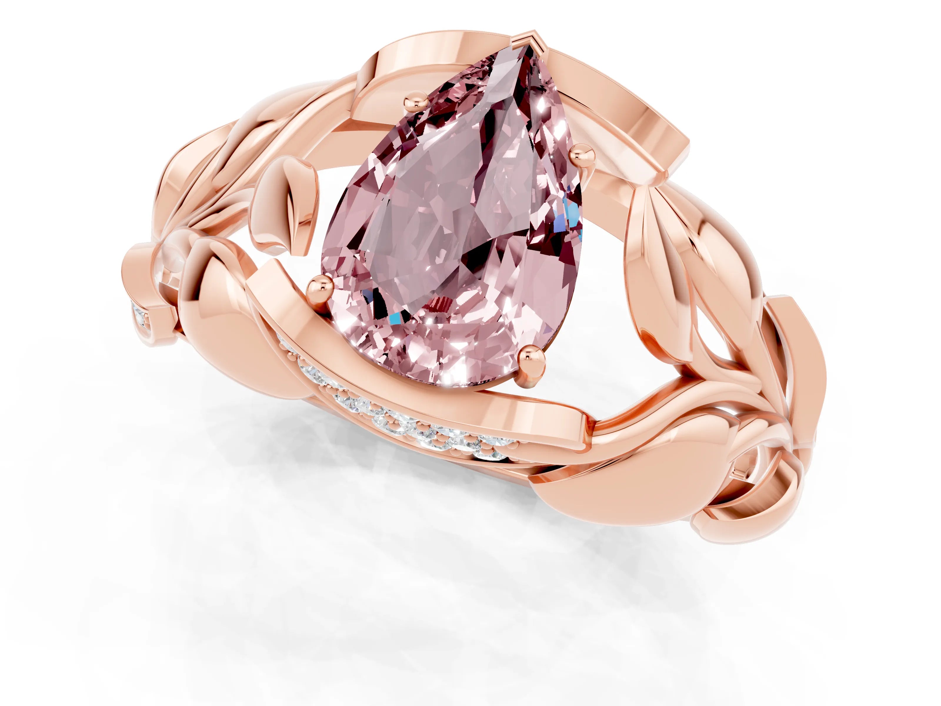 Rose gold Pear Cut Solitaire Leaf-Inspired Engagement Ring with Prong Setting_1