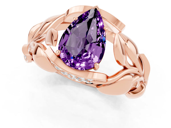 Rose gold Pear Cut Amethyst Leaf-Inspired Engagement Ring with Round Accents and Prong Setting