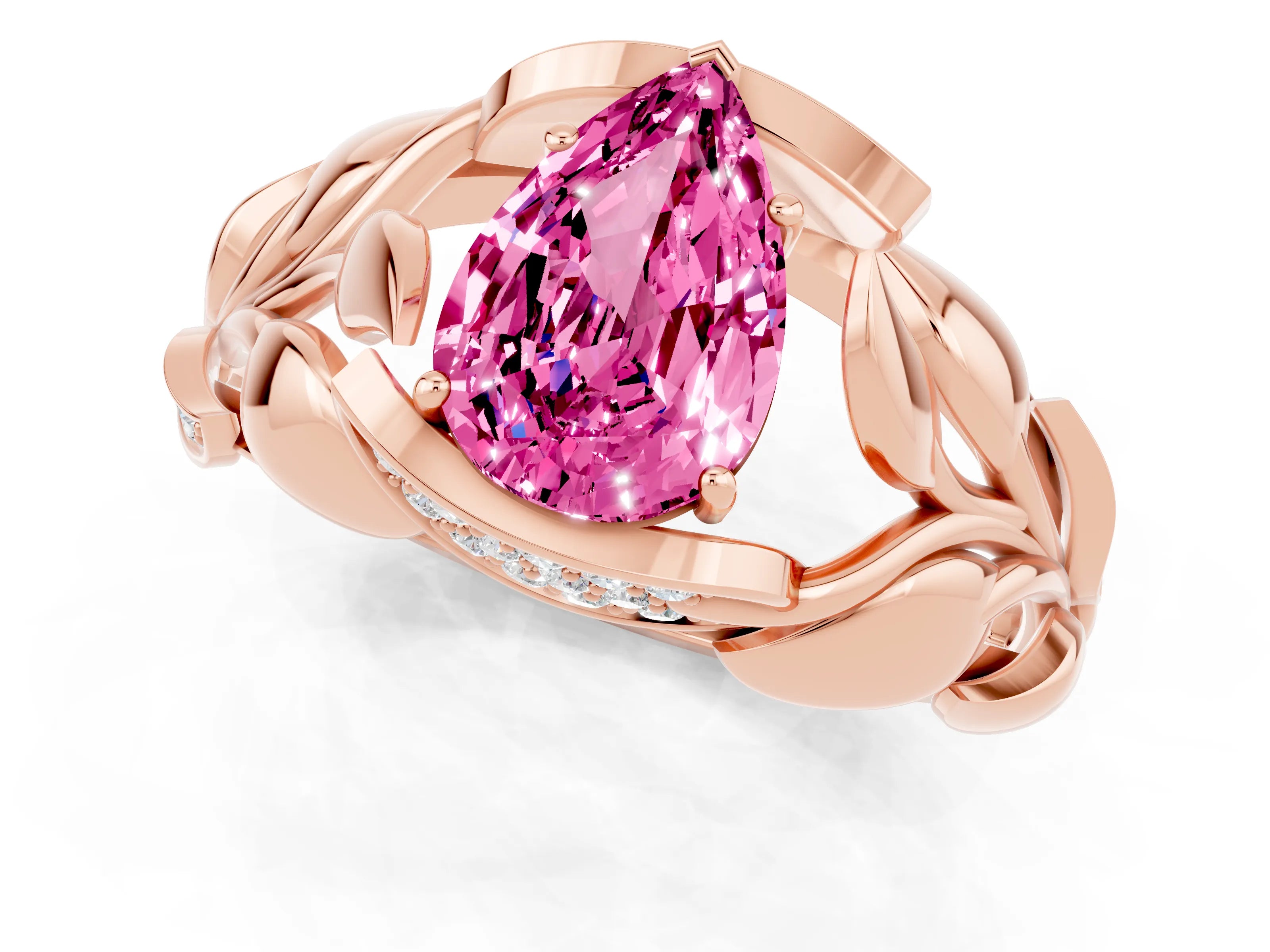 Rose gold Pear Cut Solitaire Leaf-Inspired Engagement Ring with Prong Setting_1