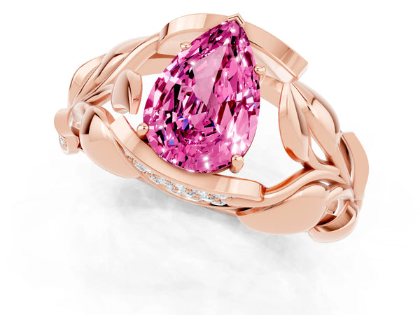 Rose Gold Pear-Shaped Lab-Grown Pink Sapphire Pave Leaf Bypass Engagement Ring