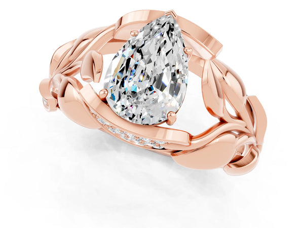 Rose gold Pear Cut Moissanite Leaf-Inspired Engagement Ring with Round Accents and Prong Setting