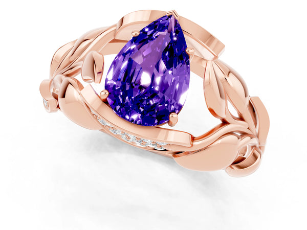 Rose gold Pear Cut Tanzanite Leaf-Inspired Engagement Ring with Round Accents and Prong Setting