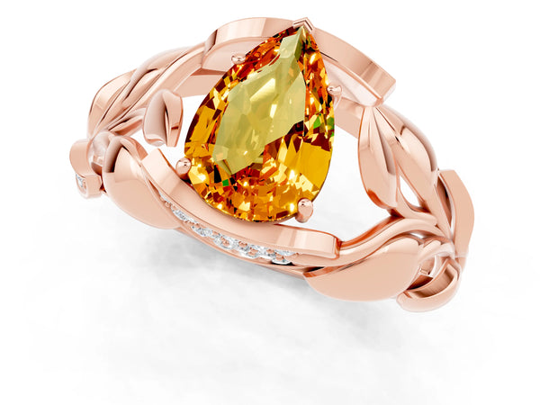 Rose gold Pear Cut Citrine Leaf-Inspired Engagement Ring with Round Accents and Prong Setting