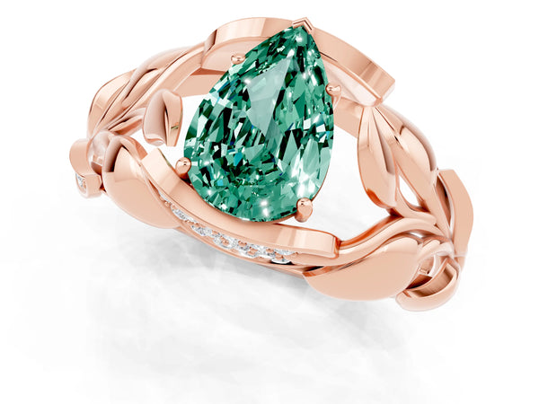 Rose gold Pear Cut Green Sapphire Leaf-Inspired Engagement Ring with Round Accents and Prong Setting