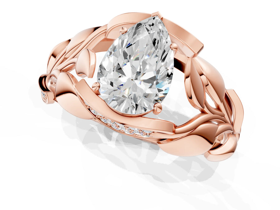 Rose gold Pear Cut Solitaire Leaf-Inspired Engagement Ring with Prong Setting