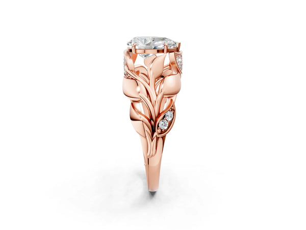 Rose gold Pear Cut Solitaire Leaf-Inspired Engagement Ring with Prong Setting