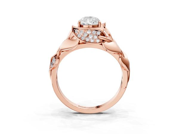 Rose gold Pear Cut Solitaire Leaf-Inspired Engagement Ring with Prong Setting