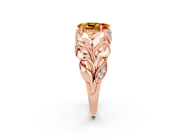 Rose gold Pear Cut Citrine Leaf-Inspired Engagement Ring with Round Accents and Prong Setting