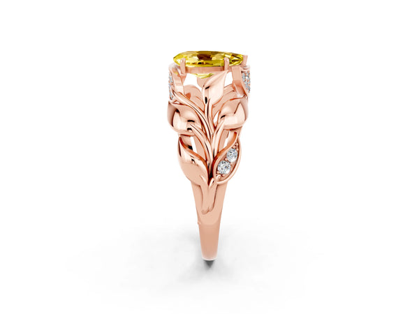 Rose gold Pear Cut Yellow Sapphire Leaf-Inspired Engagement Ring with Round Accents and Prong Setting