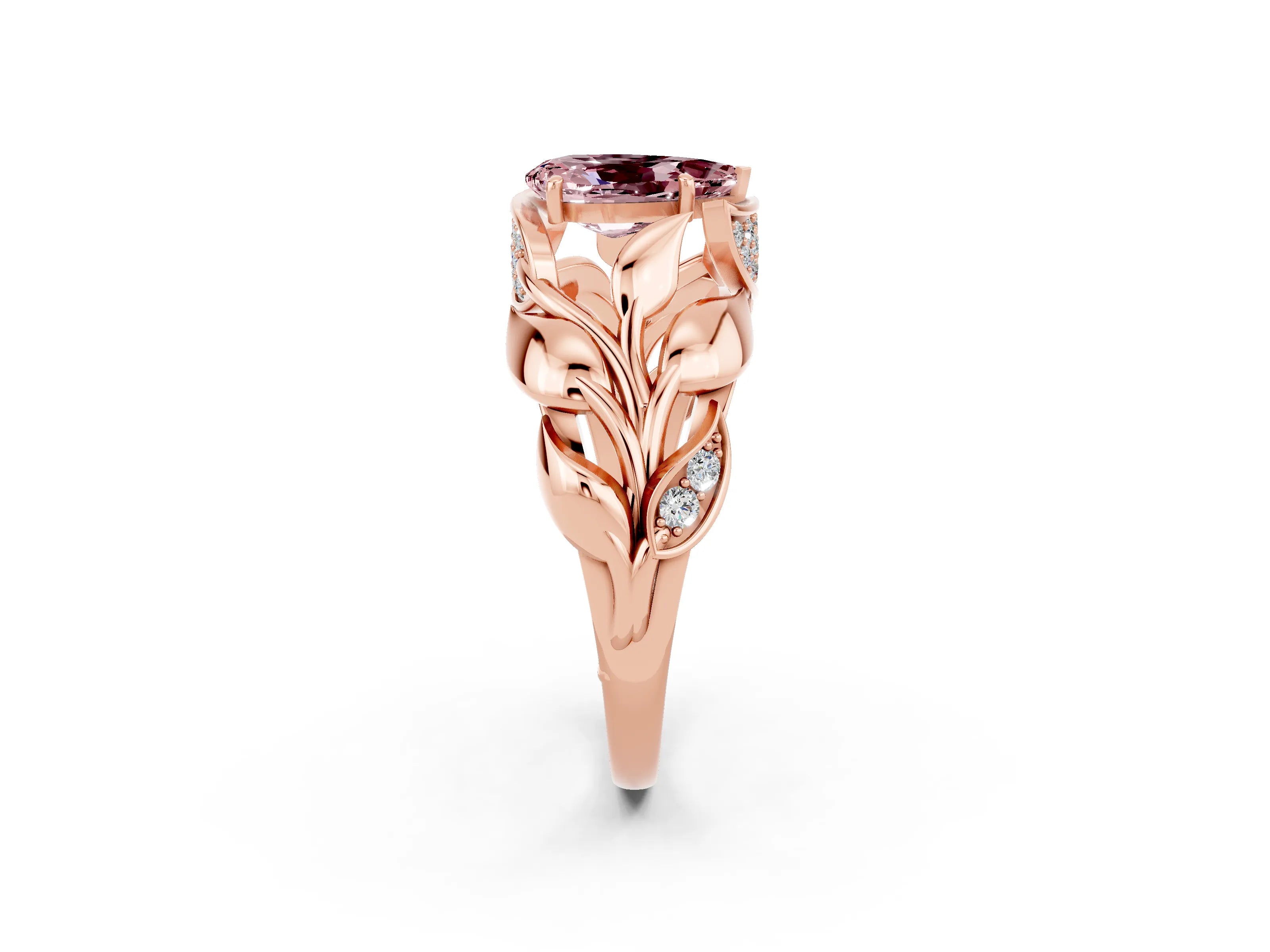 Rose gold Pear Cut Solitaire Leaf-Inspired Engagement Ring with Prong Setting_2