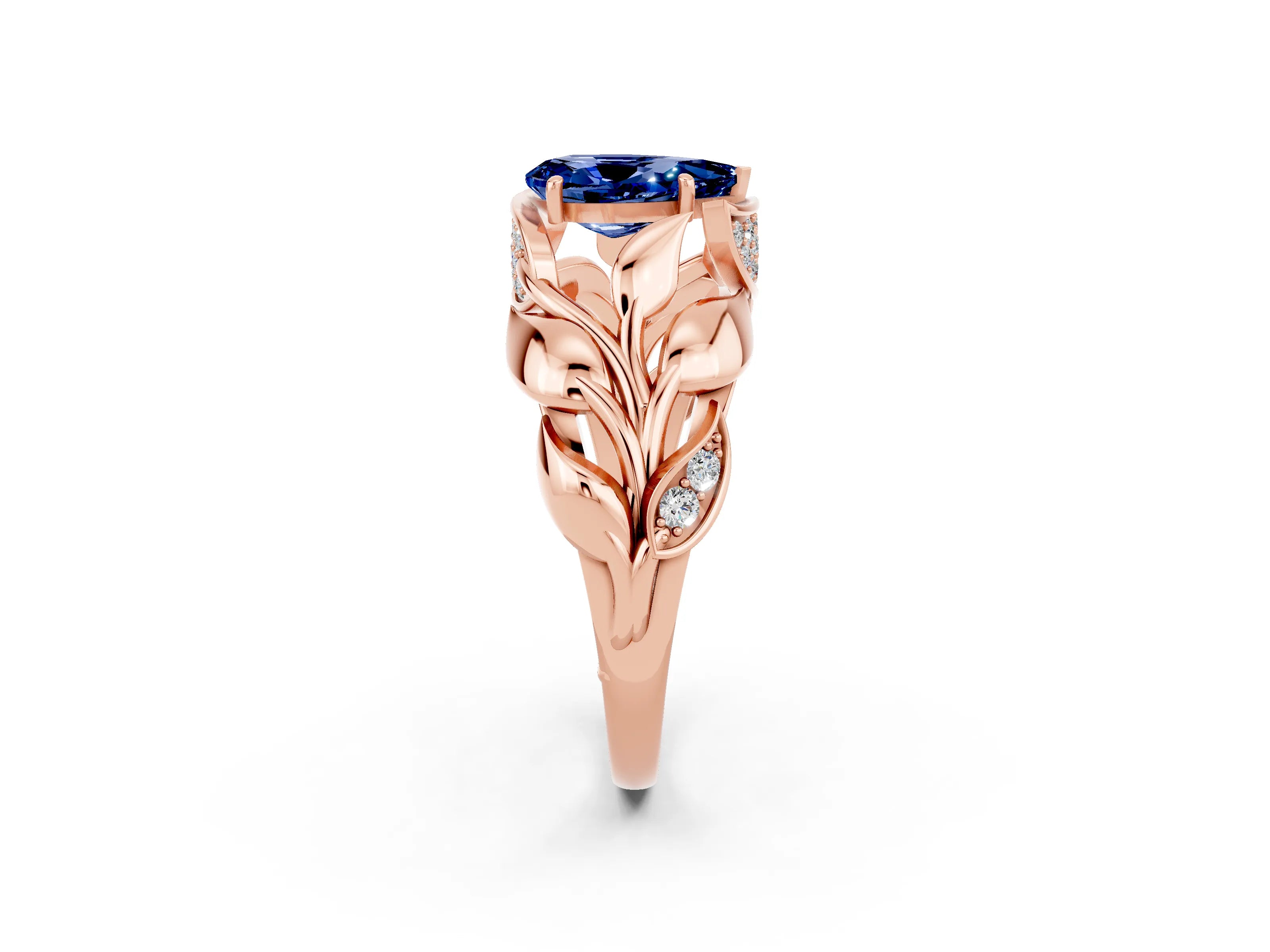 Rose gold Pear Cut Solitaire Leaf-Inspired Engagement Ring with Prong Setting_2