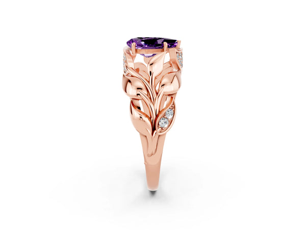 Rose gold Pear Cut Amethyst Leaf-Inspired Engagement Ring with Round Accents and Prong Setting