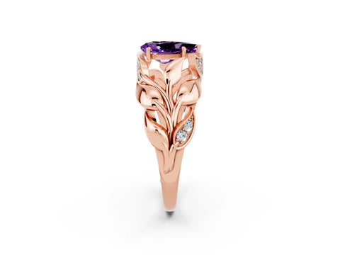 Rose gold Pear Cut Solitaire Leaf-Inspired Engagement Ring with Prong Setting_2