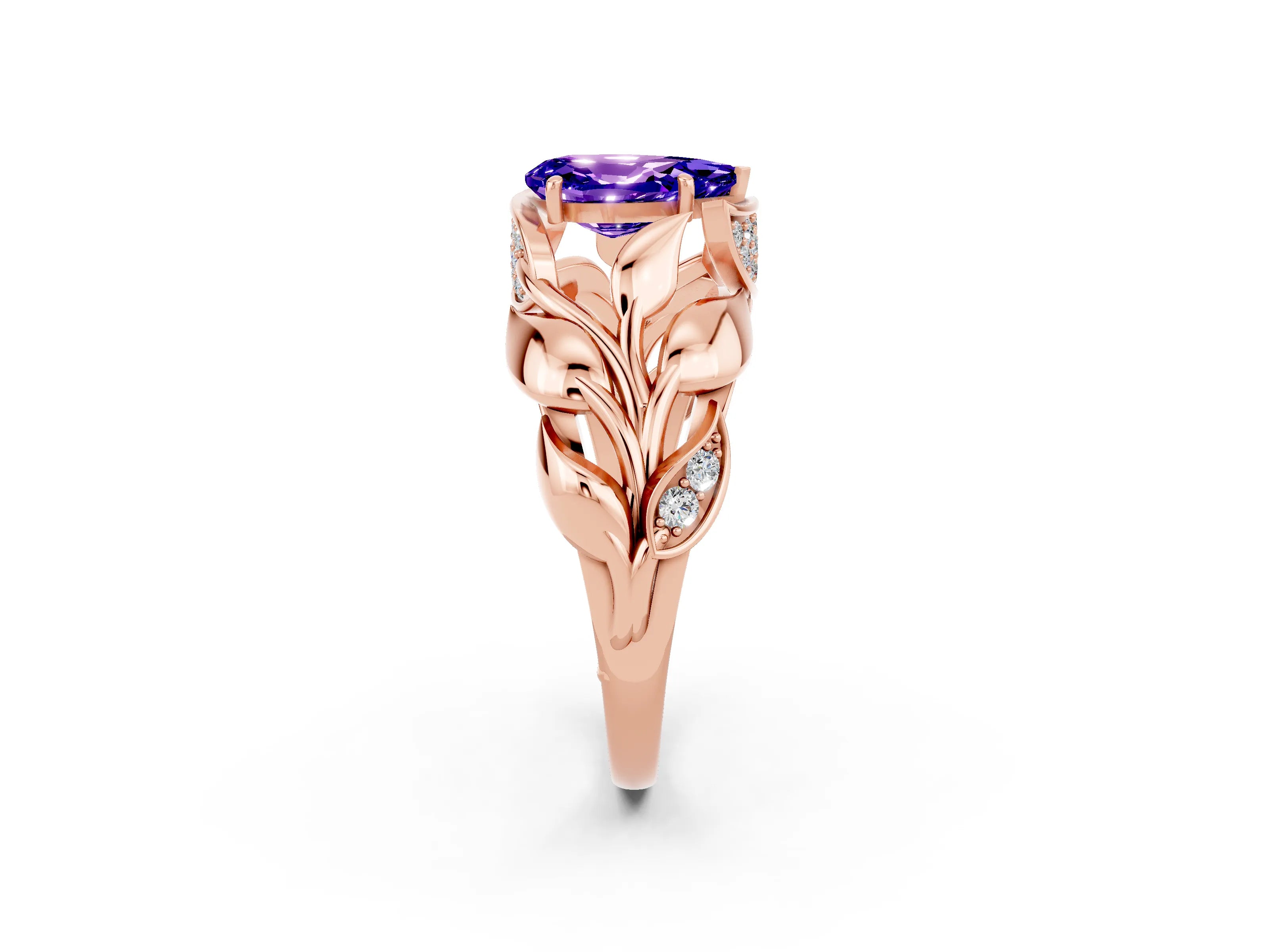 Rose gold Pear Cut Solitaire Leaf-Inspired Engagement Ring with Prong Setting_2