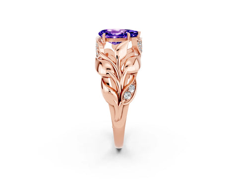 Rose gold Pear Cut Solitaire Leaf-Inspired Engagement Ring with Prong Setting_2