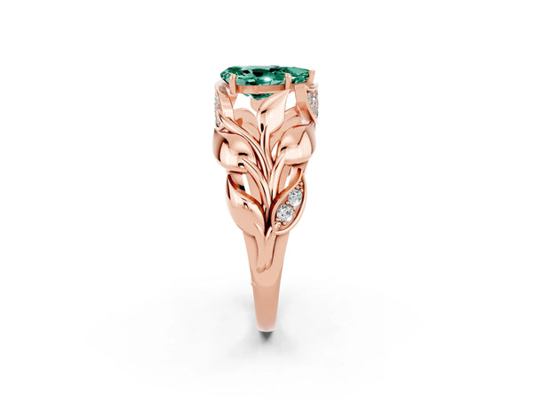 Rose gold Pear Cut Green Sapphire Leaf-Inspired Engagement Ring with Round Accents and Prong Setting