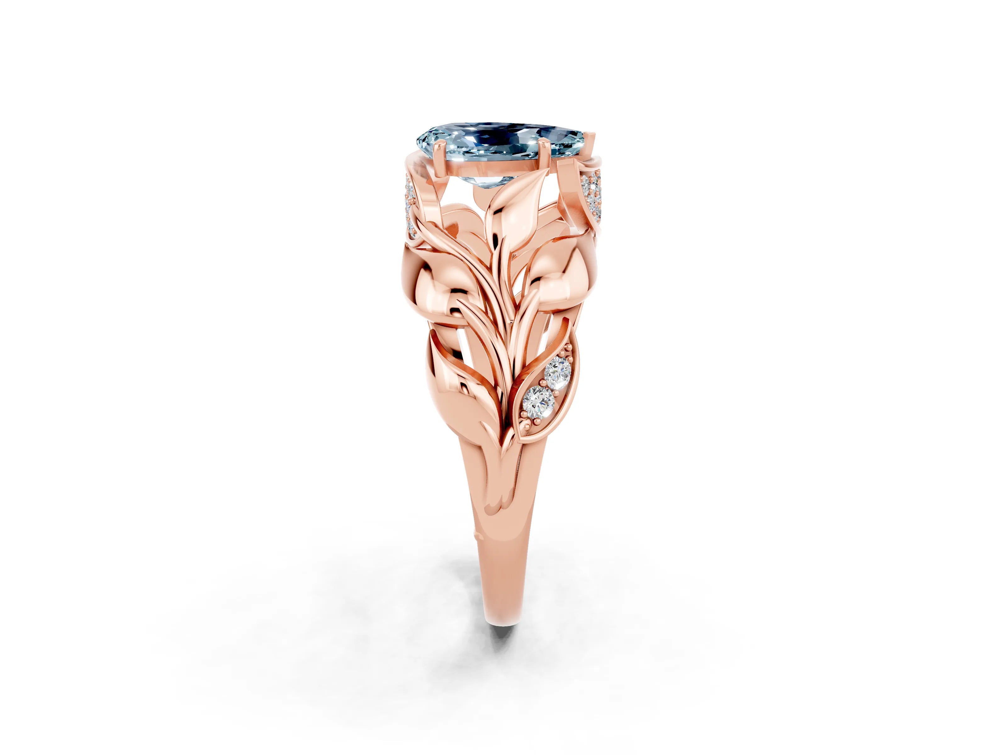 Rose gold Pear Cut Solitaire Leaf-Inspired Engagement Ring with Prong Setting_2