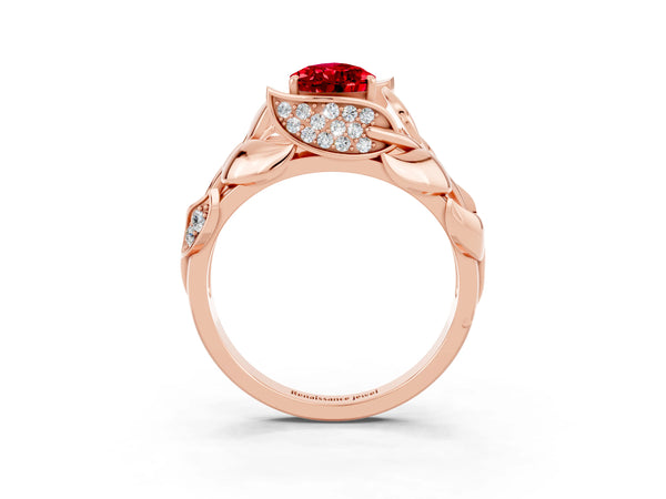 Rose gold Pear Cut Ruby Leaf-Inspired Engagement Ring with Round Accents and Prong Setting