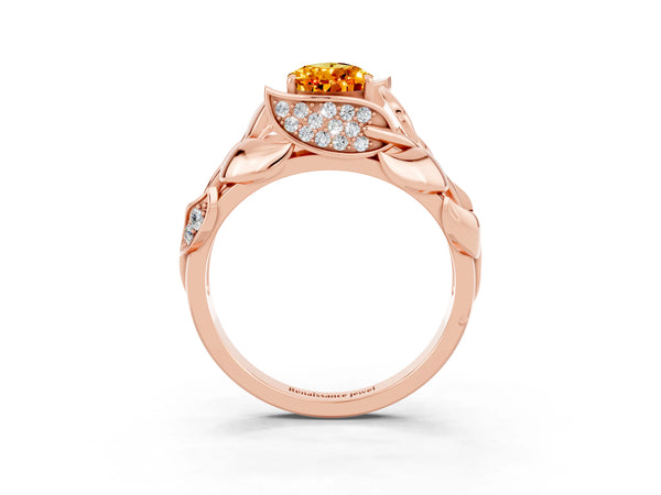 Rose gold Pear Cut Citrine Leaf-Inspired Engagement Ring with Round Accents and Prong Setting