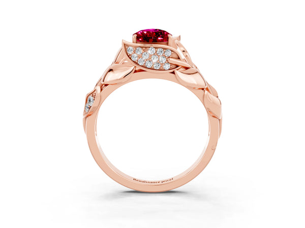 Rose gold Pear Cut Garnet Leaf-Inspired Engagement Ring with Round Accents and Prong Setting