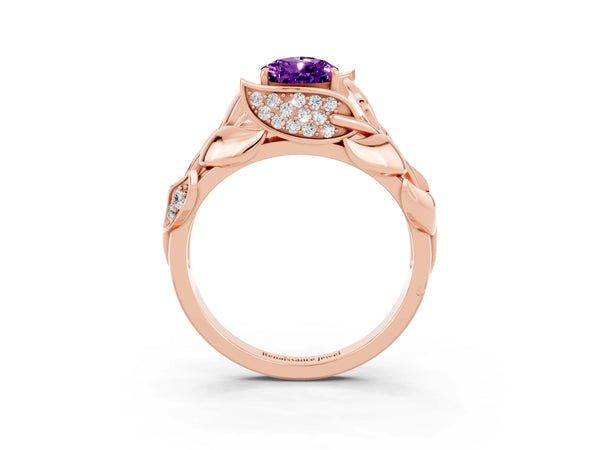 Rose gold Pear Cut Amethyst Leaf-Inspired Engagement Ring with Round Accents and Prong Setting