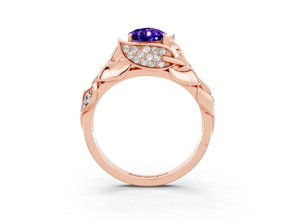 Rose gold Pear Cut Tanzanite Leaf-Inspired Engagement Ring with Round Accents and Prong Setting