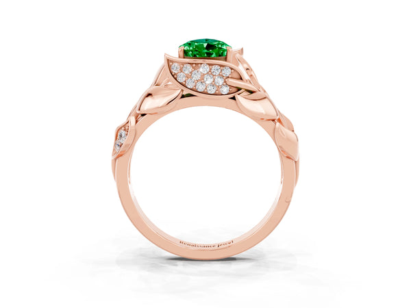 Rose gold Pear Cut Emerald Leaf-Inspired Engagement Ring with Round Accents and Prong Setting