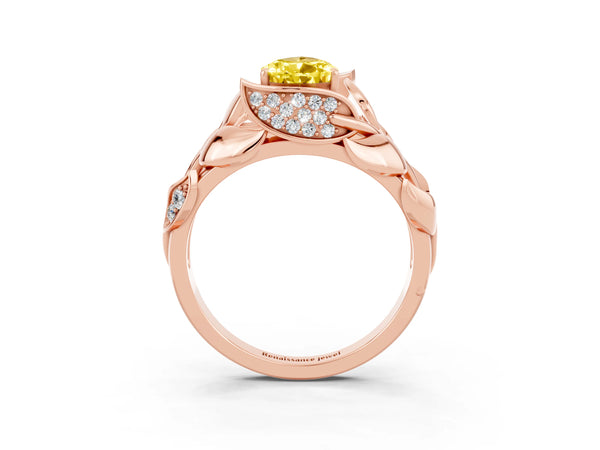 Rose gold Pear Cut Yellow Sapphire Leaf-Inspired Engagement Ring with Round Accents and Prong Setting