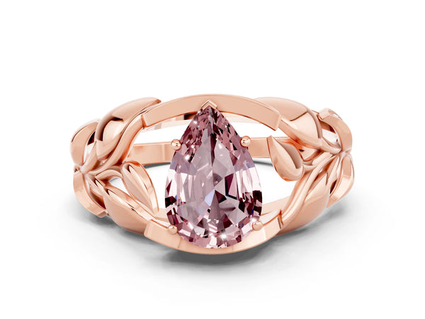 Rose gold Pear Cut Solitaire Leaf-Inspired Engagement Ring with Prong Setting