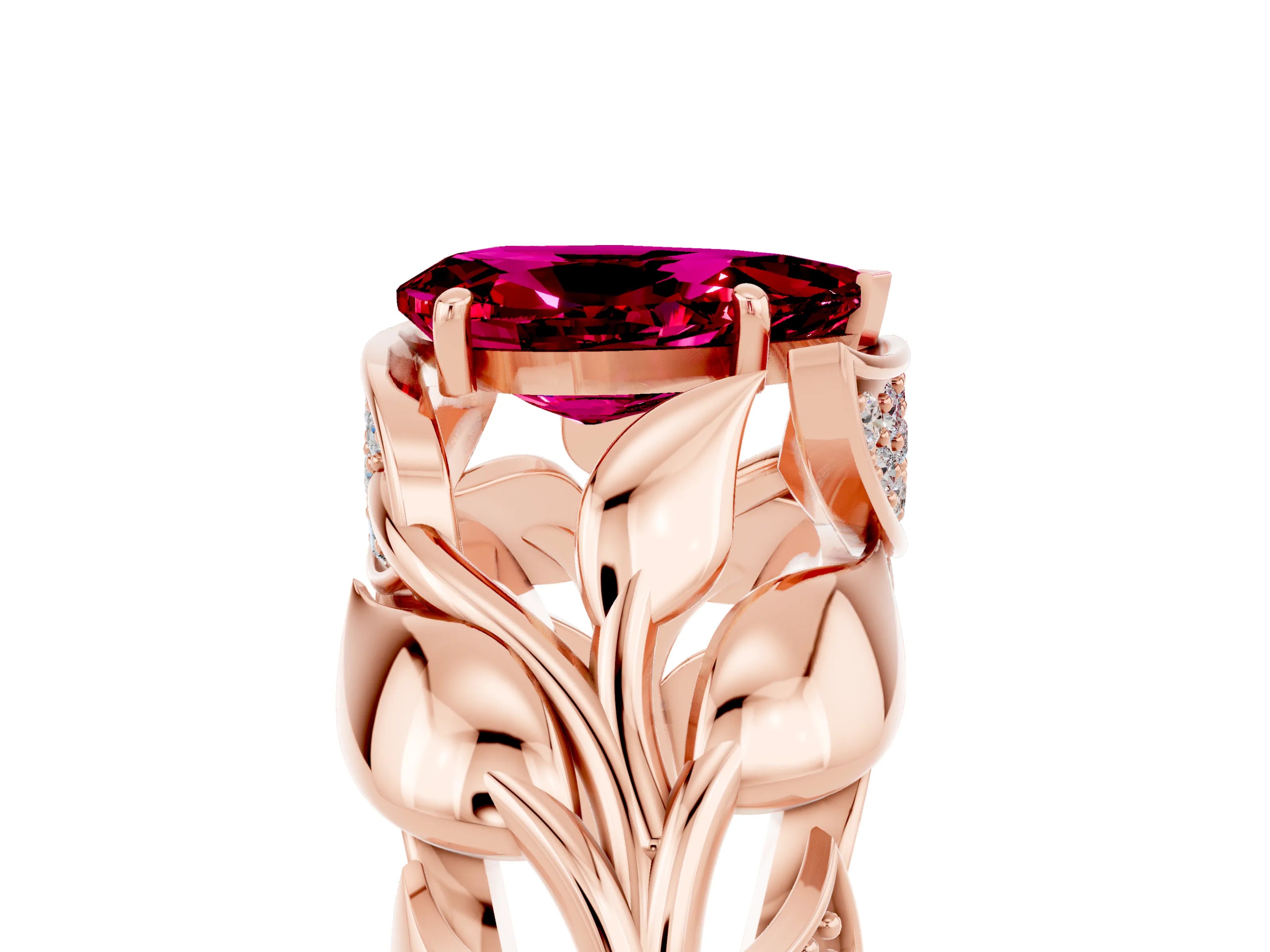 Rose gold Pear Cut Solitaire Leaf-Inspired Engagement Ring with Prong Setting_5