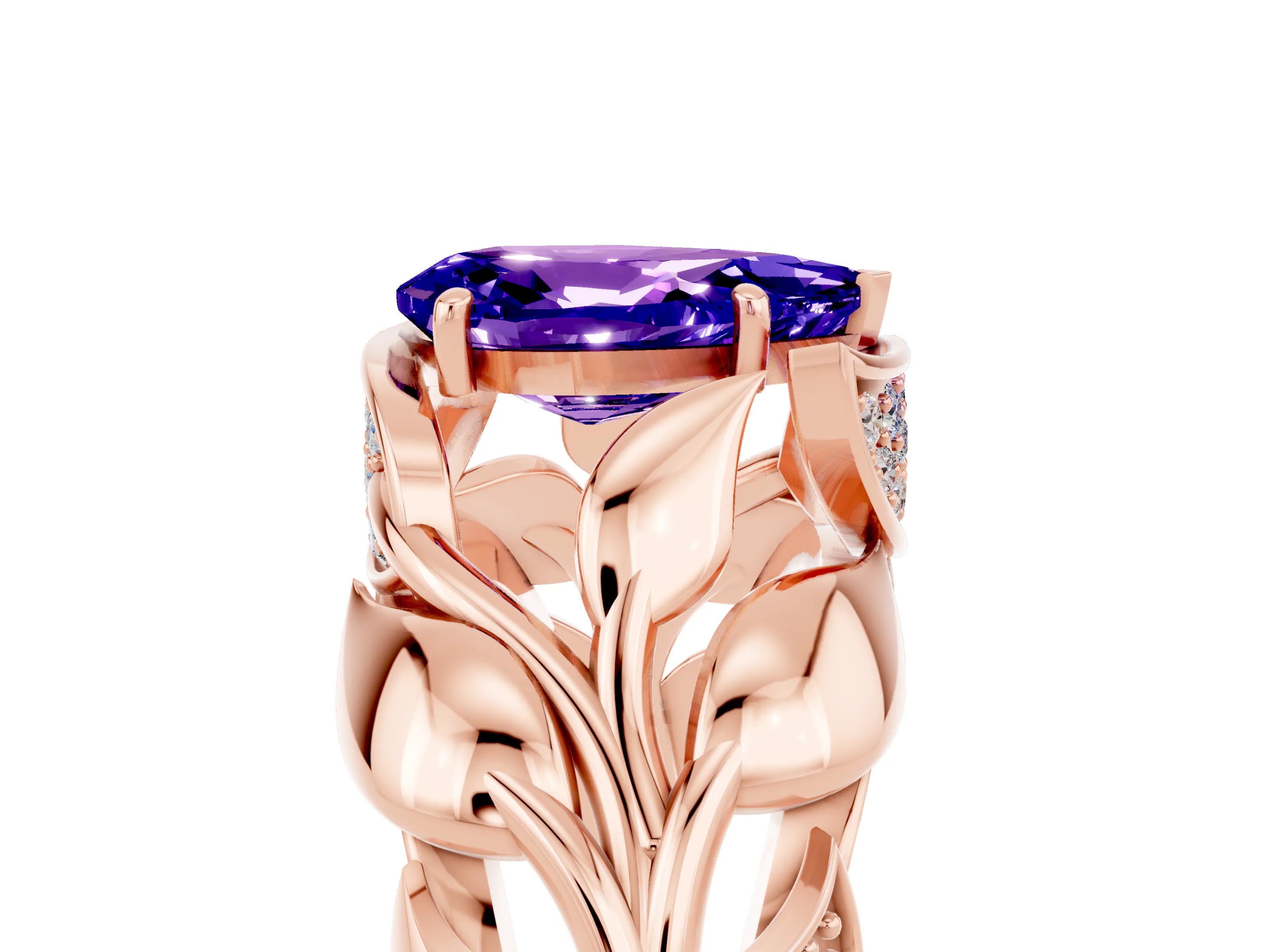 Rose gold Pear Cut Solitaire Leaf-Inspired Engagement Ring with Prong Setting_5