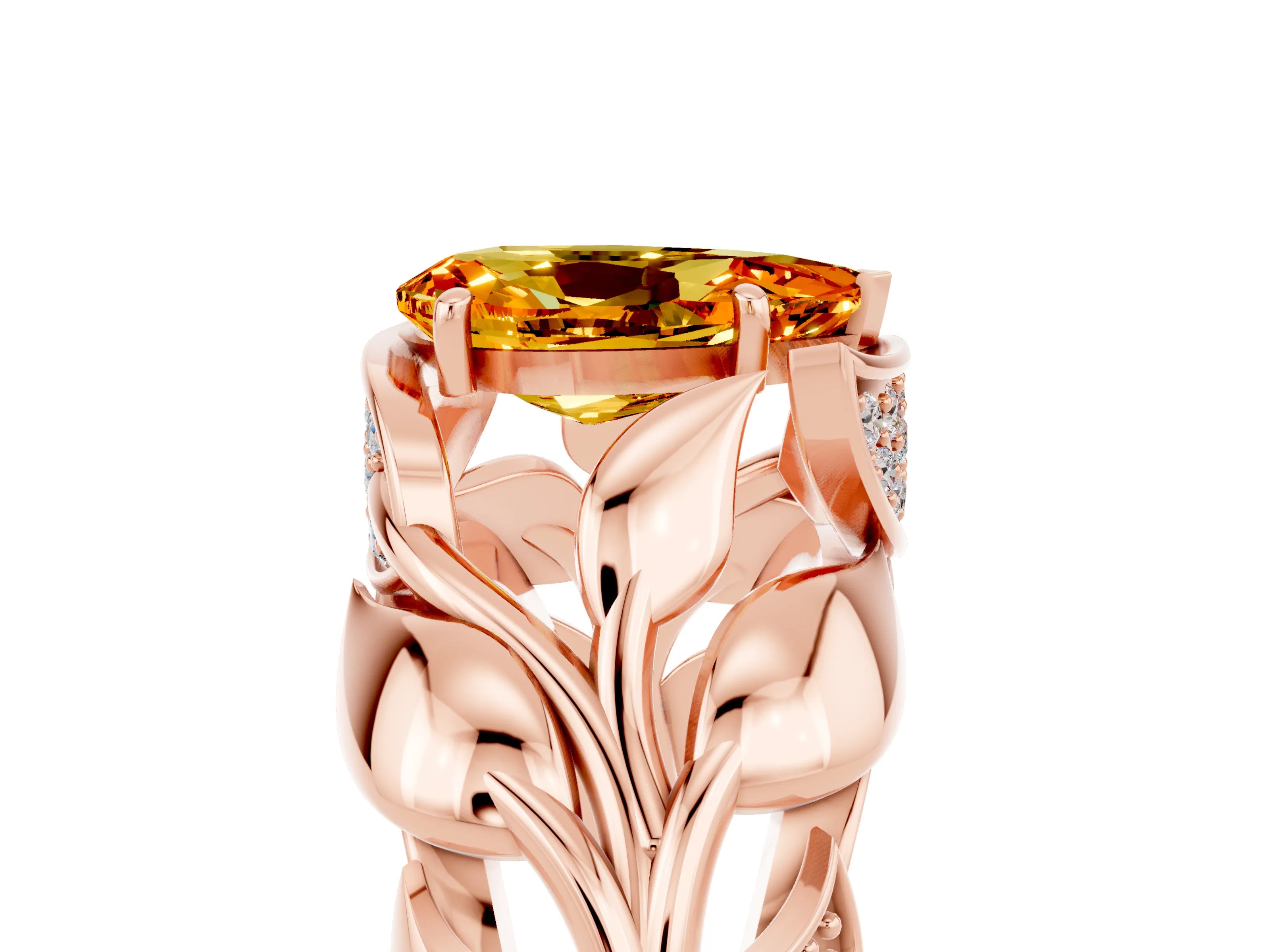 Rose gold Pear Cut Solitaire Leaf-Inspired Engagement Ring with Prong Setting_5