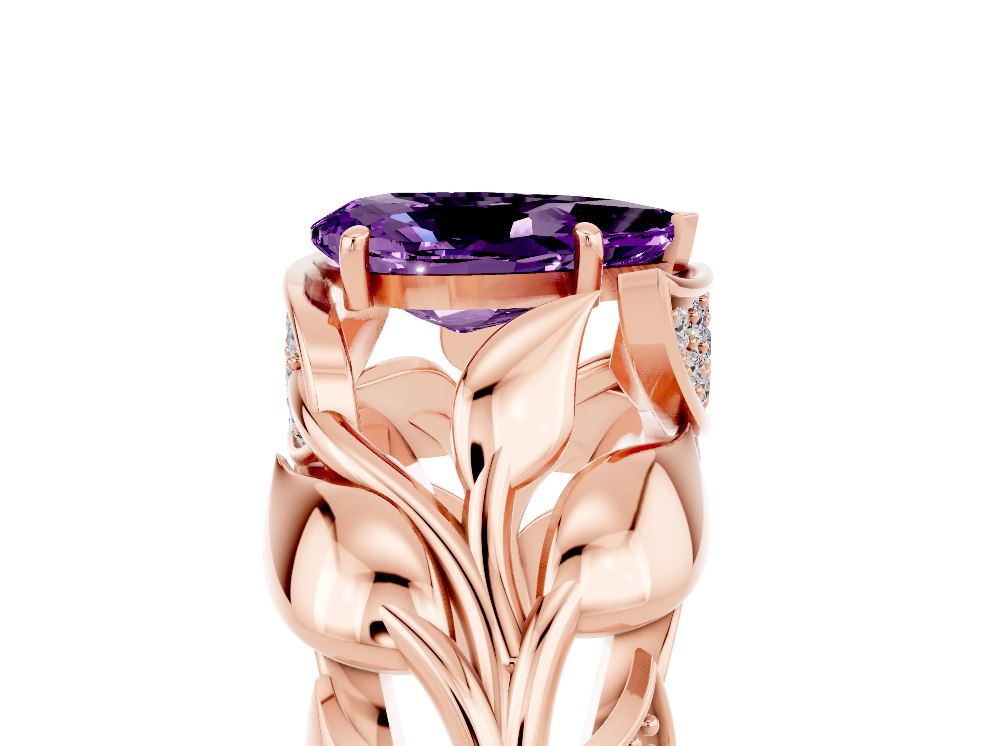 Rose gold Pear Cut Solitaire Leaf-Inspired Engagement Ring with Prong Setting_5