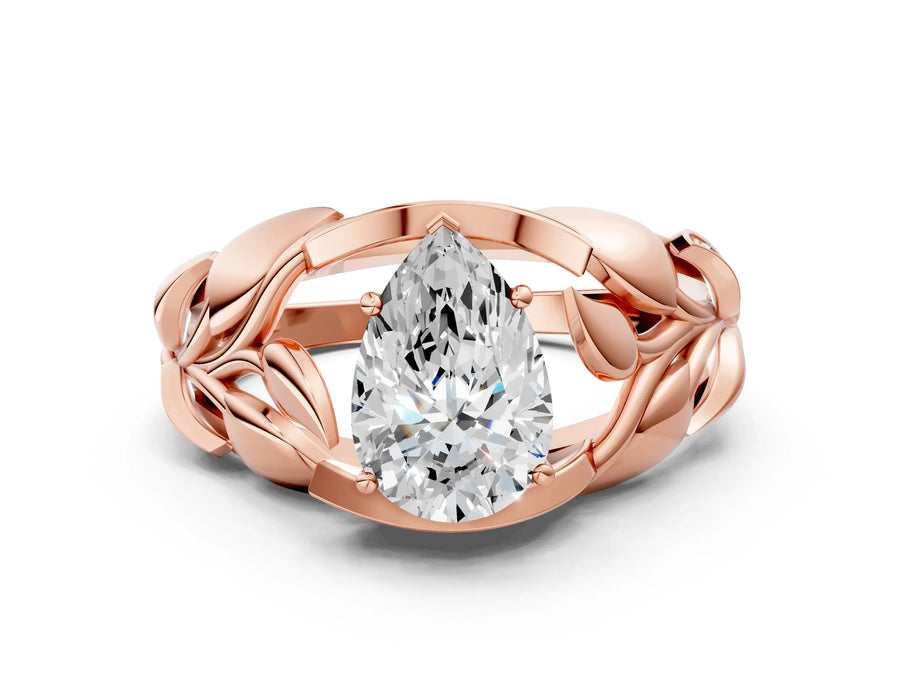 Rose gold Pear Cut Solitaire Leaf-Inspired Engagement Ring with Prong Setting