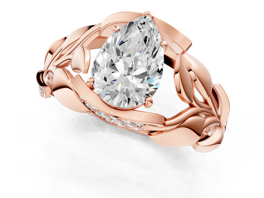 Rose gold Pear Cut Solitaire Leaf-Inspired Engagement Ring with Prong Setting