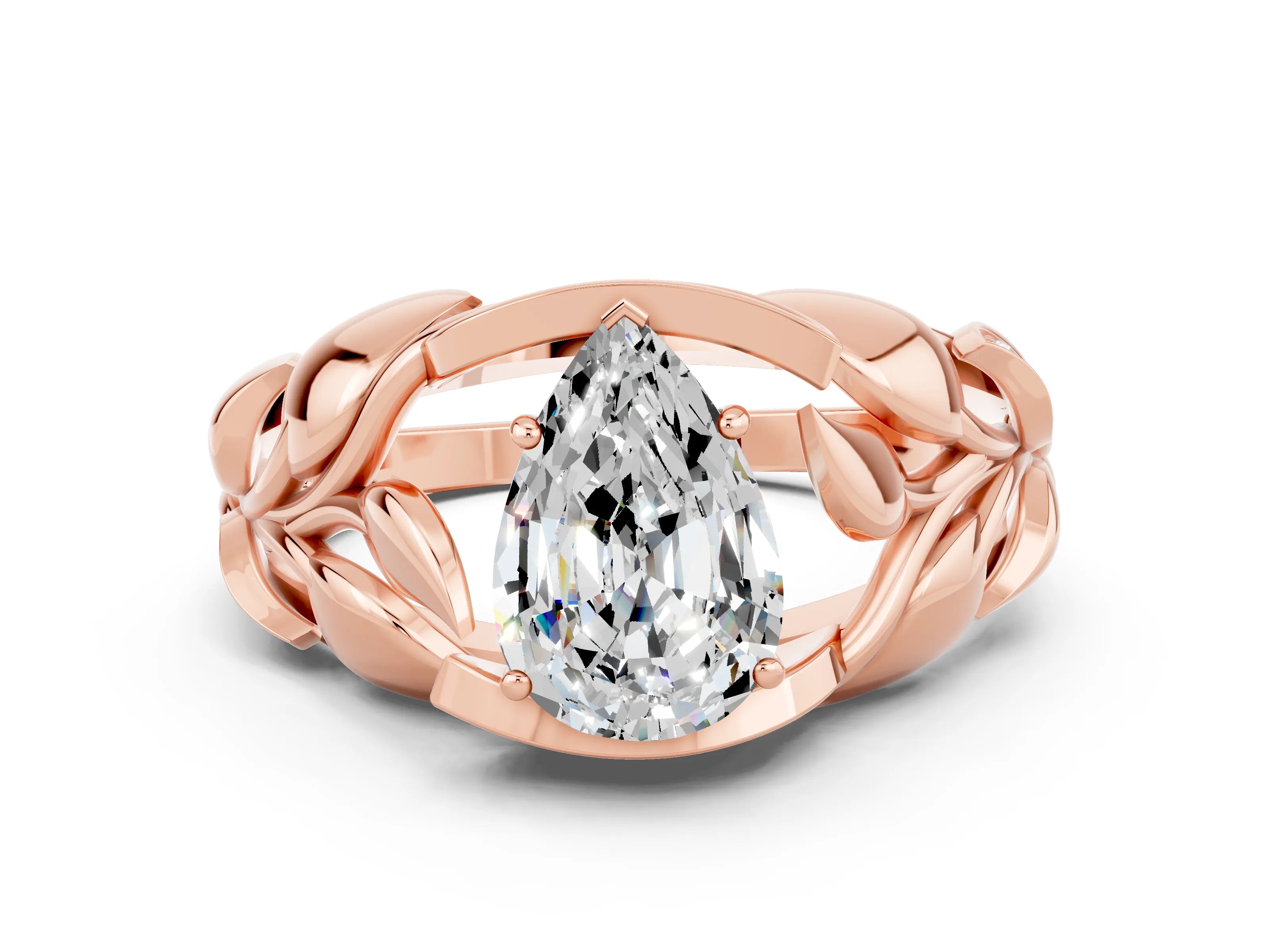 Rose gold Pear Cut Solitaire Leaf-Inspired Engagement Ring with Prong Setting